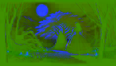Isabella se encuentra delante del espectral El Silbón, bajo un antiguo árbol de ceibo en un claro bañado por la luz de la luna.