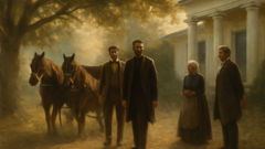 Ivan Arkadyevich and Bazarov arriving by carriage at a Russian estate under linden trees.