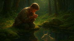 Ivanushka arrodillado junto a una poza cubierta de musgo en el bosque, su reflejo destellando con rasgos similares a los de una cabra.