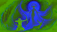 A Deusa da Lua, Ix Chel, se transforma de uma cervo branco ferido em uma figura celestial diante de um Itzam em adoração, de joelhos e impressionado.