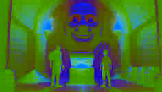  Jakob and Elias stand before a glowing-eyed stone statue as a hidden compartment reveals ancient scrolls instead of gold.