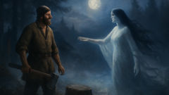 Jakub stands in a moonlit forest, mesmerized by a beautiful spectral woman.