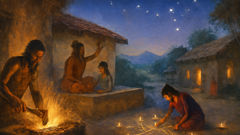 Jamadagni at the forge, Bharadvaja on a rooftop school, and Dhruva above