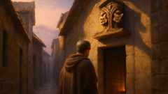 Roman craftsman Lucius beneath Janus shrine at dawn, facing a threshold