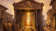 Janus’s temple with open gates at Rome’s heart, people offering prayers