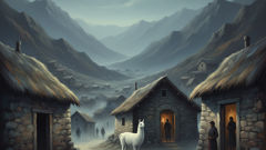 A neighborhood watches in hush as a white llama stands at a doorway on a moonlit night, a Jarjacha encounter frozen in memory.