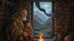 An elder recounts the origins of the Jarjacha by the hearth, the village terraces visible through a darkened doorway.