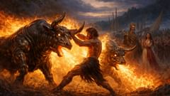 Protegido por el ungüento mágico de Medea, Jasón coloca el yugo a los toros que escupen fuego.