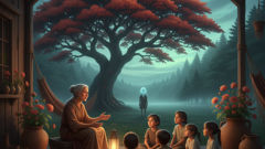 Un ancien raconte les origines du Jasy Jatere sous un arbre de ceibo, tandis que les enfants écoutent, les yeux écarquillés.