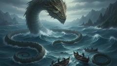 Jörmungandr emerging from deep waters, scales glinting beneath storm clouds