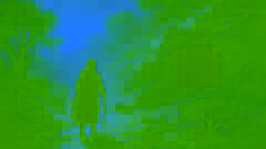 A lone woman climbs a rocky Ethiopian ridge as mist drifts around ancient juniper trees