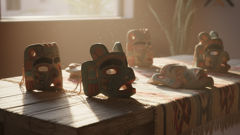 Intricate Kachina masks resting on a woven blanket