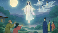 Kaguya-hime ascende à lua enquanto o Imperador e sua família observam tristemente lá embaixo.