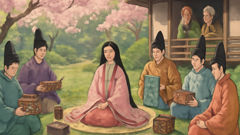 A jovem Kaguya-hime cercada por pretendentes em quimonos coloridos, em um jardim japonês em flor.