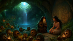 Inside a glowing cave, Kakamora feast and play while Marita sits with their leader under an open sky.