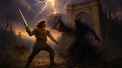 Kalevipoeg battles Sarvik at the gates of the Underworld amid lightning and shadows.
