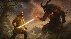 Kalevipoeg confronts Sarvik, the evil sorcerer, amidst storm and fire.