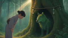 Kana, una joven sanadora, se encuentra con el espíritu Hoko, parecido a un perro cubierto de musgo, al pie de un antiguo cedro.