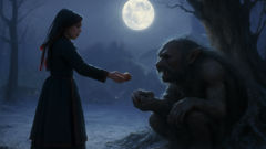 Elif se enfrenta a un Karakoncolos en un claro del bosque cubierto de nieve bajo la luz de la luna.