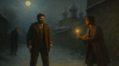 Karamazov brothers under moonlit sky in snowy Russian town