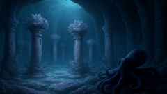 El reino subterráneo de Kave, dentro de una cueva de basalto, con columnas de coral y ofrendas antiguas.