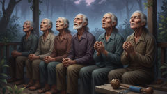 Dorfälteste, die am Rand des ecuadorianischen Waldes Namen und schützende Reime aufsagen.