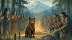 Ainu villagers performing iomante bear ceremony with decorated bear in mountain clearing