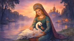 La princesse Fevroniya berçant un cygne blanc au bord du lac Svetloyar au coucher du soleil
