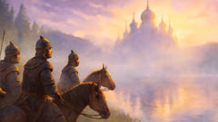 Kitezh disparaissant dans une épaisse brume alors que des cavaliers mongols approchent du lac Svetloyar.