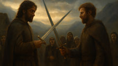 Kjartan and Bolli face off with swords drawn in the shadowed valley of Saelingsdal