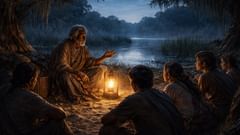 Un anciano comparte un relato oral de un encuentro con el Kongamato junto al agua bordeada de juncos, de noche.