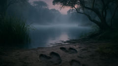 Strange three-toed footprints in swamp mud by a misty lagoon