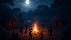 Night dance by fire in Zambian village with elders and mysterious shadows