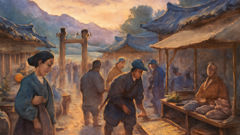 Korean village market where a disguised fox mother carries a baby