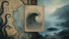 Old map detail and coastal sketch suggesting hafgufa and lyngbakr sea monsters