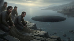 Norwegian fishermen repairing nets on a rock ledge with a dark gulf beyond, evoking Kraken tales