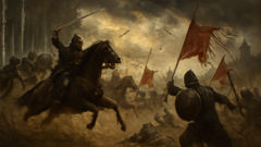 La cavalerie russe charge le flanc mongol à Kulikovo sous un ciel orageux.