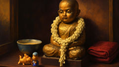 Kuman Thong altar with milk bowl and toys