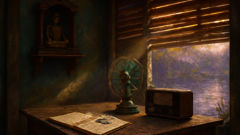 Family shrine with Kuman Thong and offerings in a canal-side house