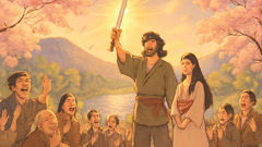 Susanoo sosteniendo la espada Kusanagi, Kushinada-hime a su lado, aldeanos celebrando a su alrededor.