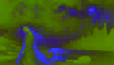 Ghostly woman gracefully moving towards the river with sorrowful expression under moonlit sky.