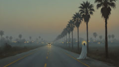 An encounter with La Sayona on a deserted highway at dusk, headlights glinting, figure in white at edge of road