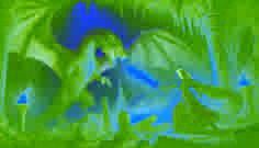 La dama Ivana se enfrenta a Valmar, el dragón, en una caverna llameante, empuñando una espada resplandeciente contra la imponente bestia.