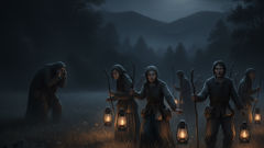 Moradores da vila, numa caminhada noturna, com as lanternas erguidas, enfrentando a ideia do Lagahoo antes do nascer do sol.