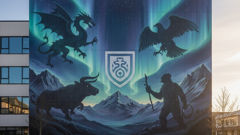 Eine Wandmalerei mit vier Wächtern flankiert ein stilisiertes Wappen, das antike Mythen mit moderner bürgerlicher Identität verbindet.