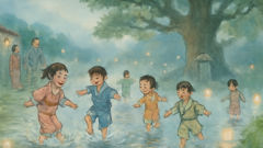 Niños vestidos con yukata chapotean en los charcos durante un festival iluminado con faroles en un pueblo montañés japonés.