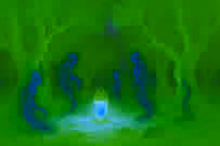 Zeinab in an ancient olive grove clearing, lanterns glowing as spirits swirl around an old tree
