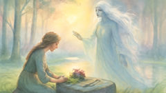 A Laume spirit appearing to Egle in a misty Lithuanian forest clearing