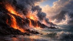 Where fire meets water, land is born—from the sisters' battle, creation emerges.