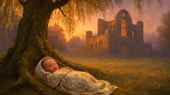 A newborn wrapped in brocade lies beneath a willow tree at dawn